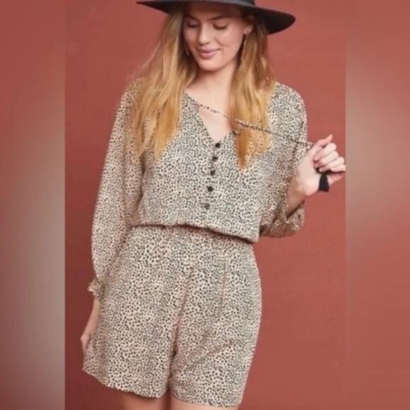 Anthropologie Beachgold Tan Spotted Tassel Romper With Pockets Size Small - Picture 1 of 10